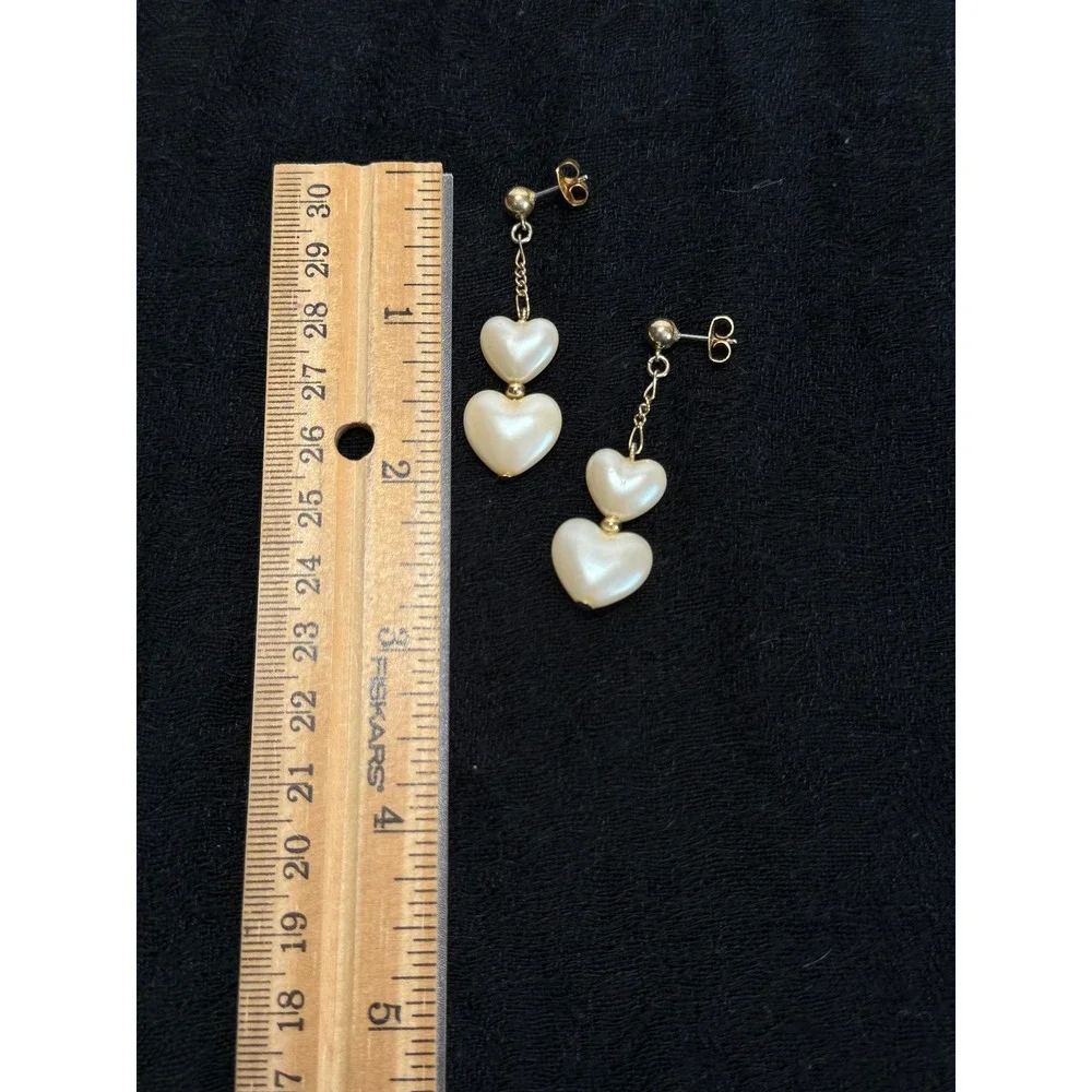 Vintage Heart Pearl Drop Earrings Cream Gold  Tone Tiered Dangle